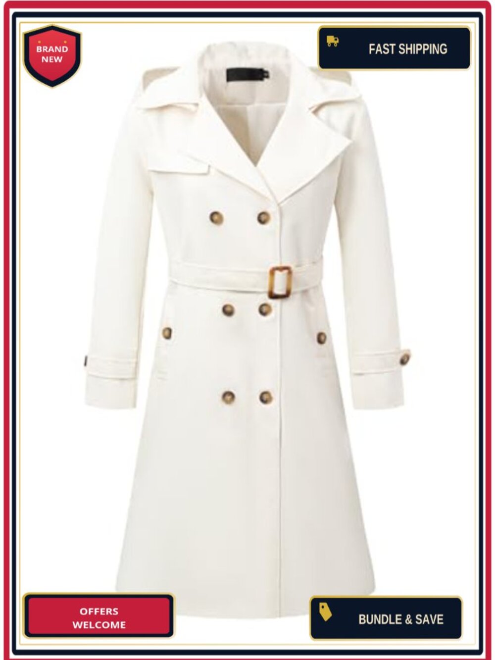 Women's Long Trench Coat Double Breasted Belted Overcoat Detachable Hood
